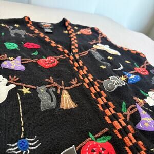 Halloween Sweater M Ghost Cat Bat Pumpkin Appliqué Cottagecore Eclectic Grandma